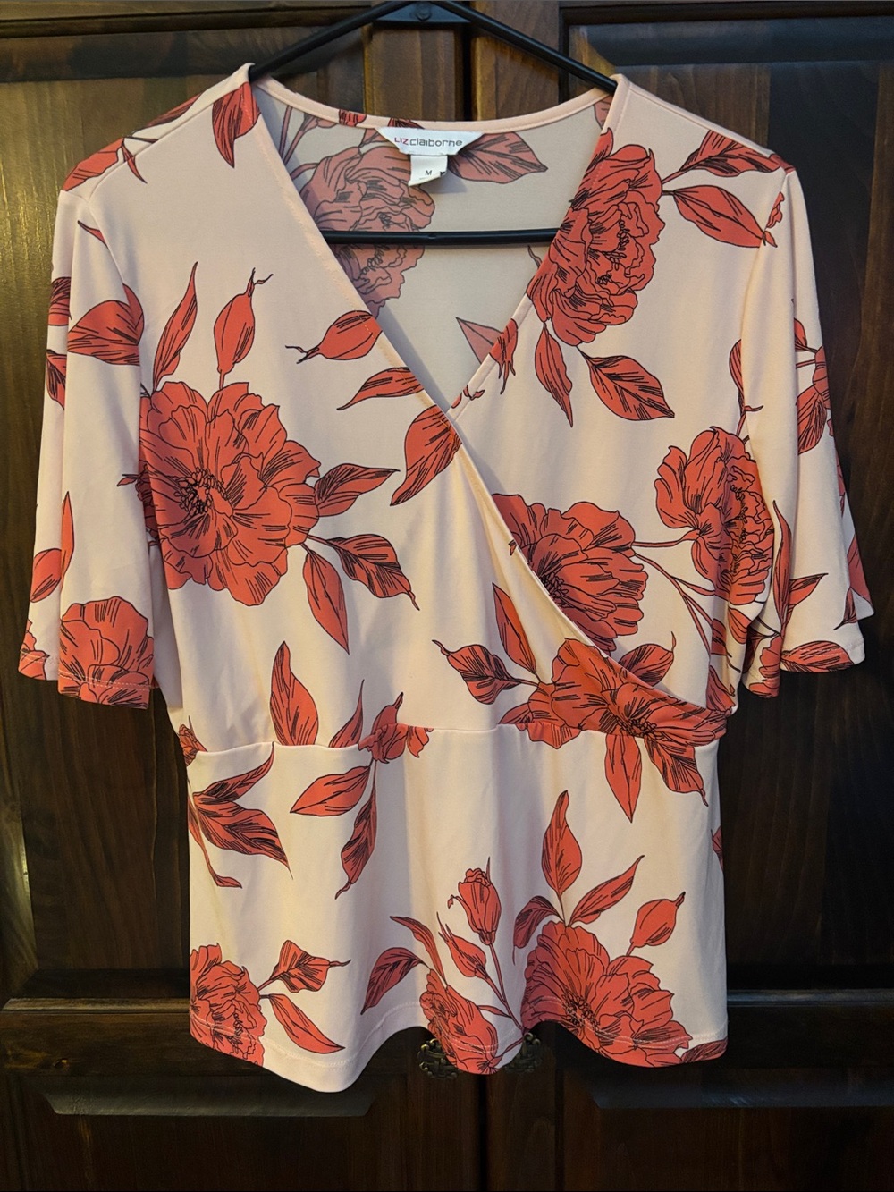 Liz Claiborne Blush Pink Top with Red Floral Print